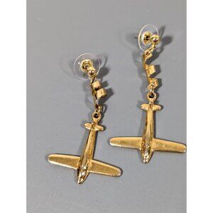 Vintage Gold Tone Airplane Spiral Dangle Earrings Pierced